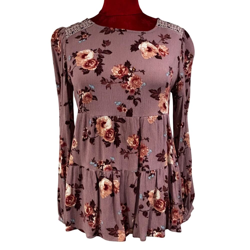 Knox Rose size XS pink floral blouse long sleeve peasant prairie top casual Boho